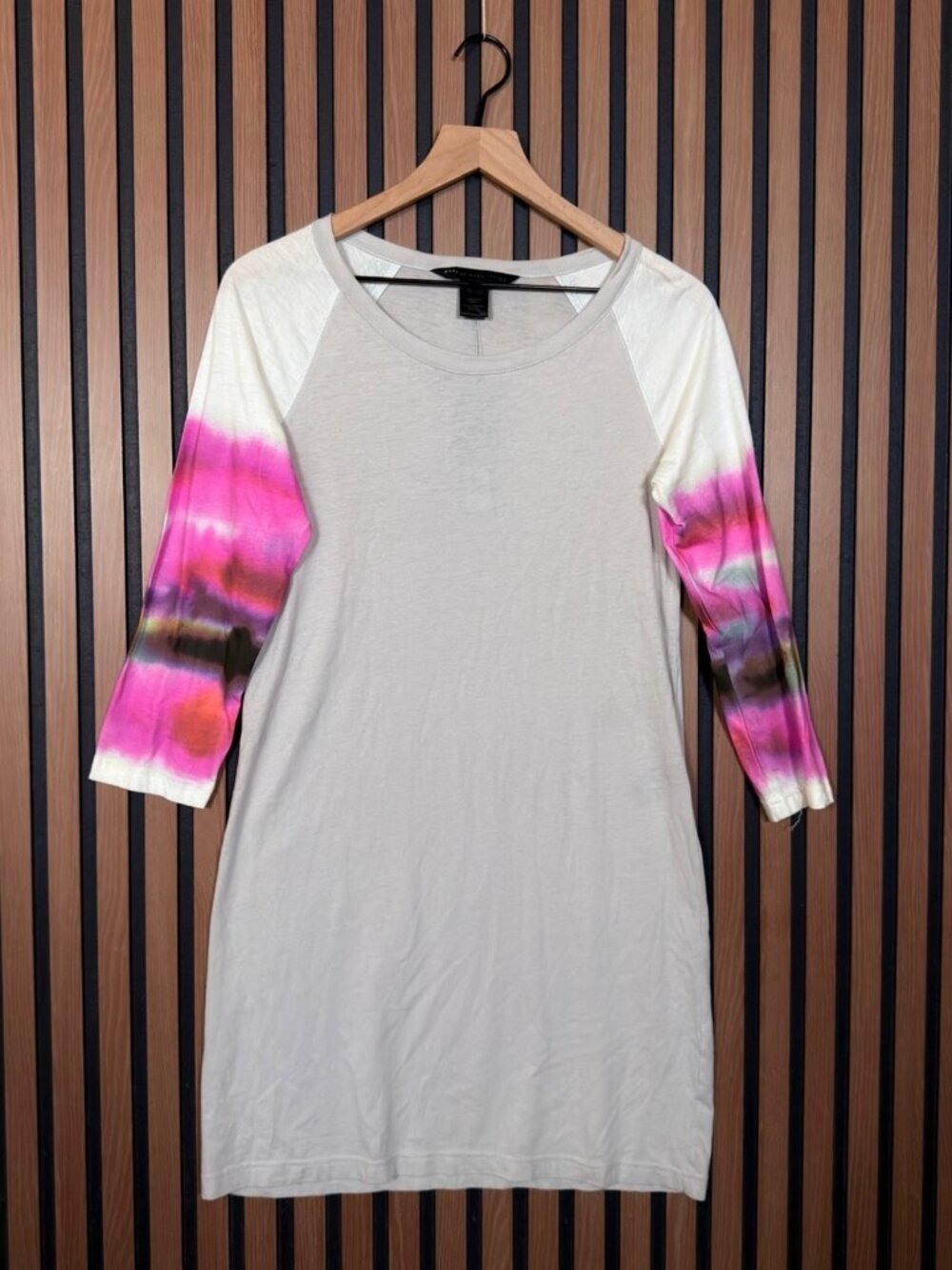 New Marc Jacobs Shirt Dress Small Womens White Abstract 3/4 Sleeve 100% Cotton